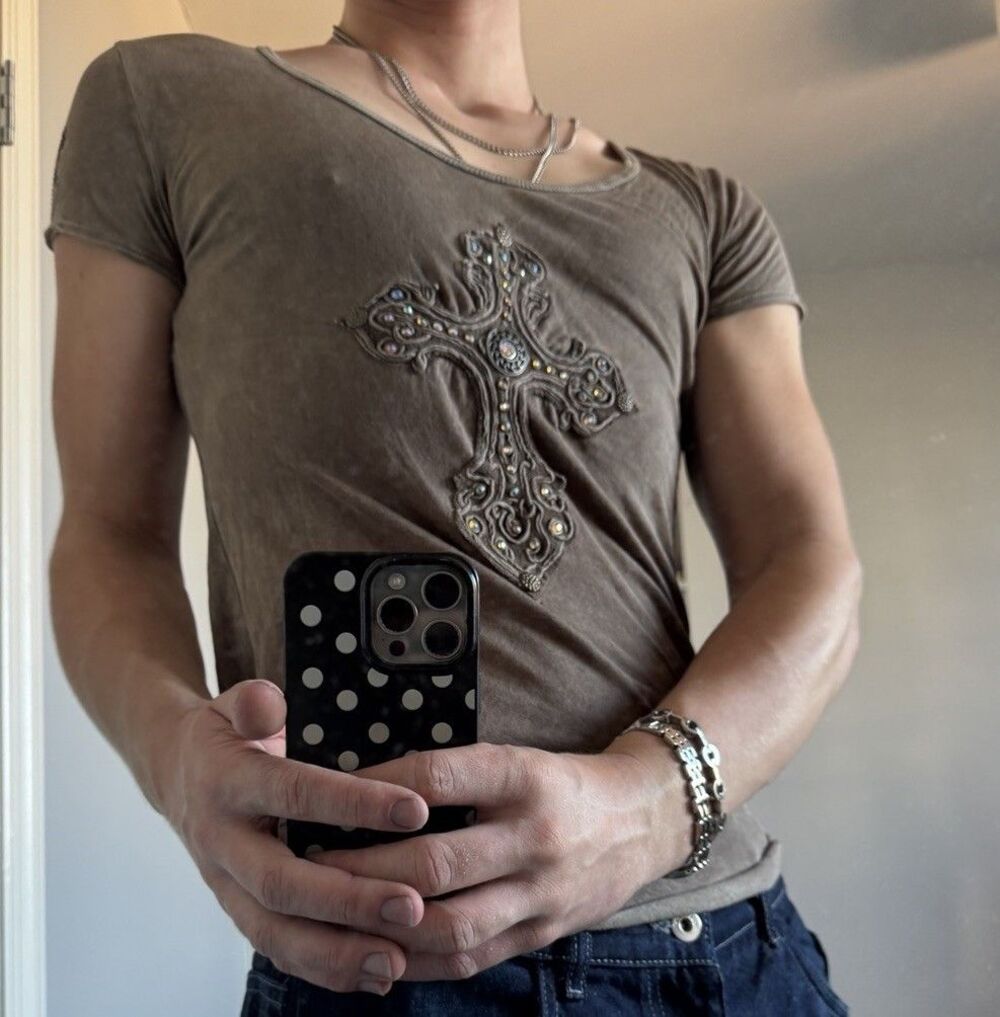 Vintage Bedazzled Velvet Stone Cross Embroidered Top Sz M Y2k Bling Fairycore